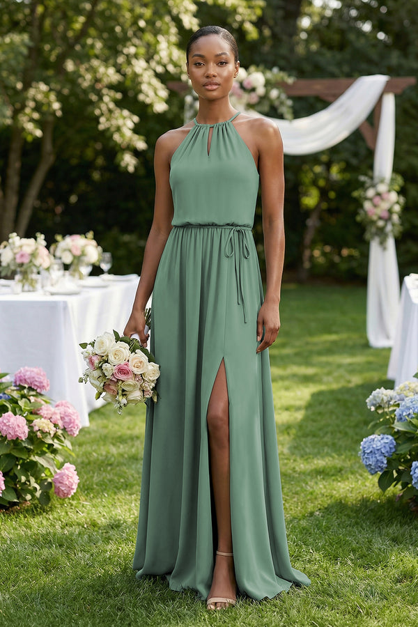 Halter Sheath Ruched Chiffon Bridesmaid Dress in Sea Glass (4) | KISSBRIDAL