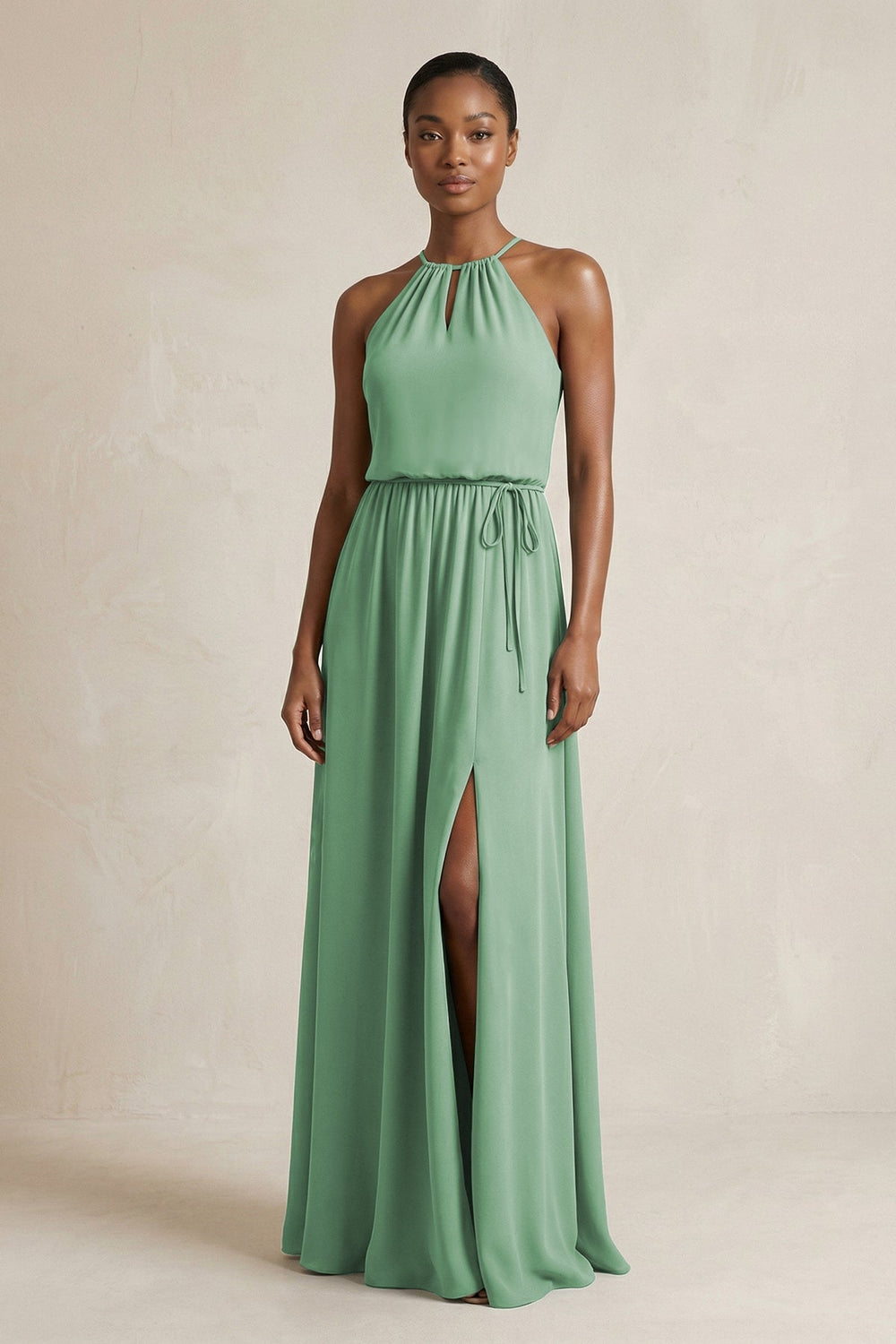 Halter Sheath Ruched Chiffon Bridesmaid Dress in Sea Glass - SHE IS ME Bridesmaid Dresses