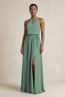 Halter Sheath Ruched Chiffon Bridesmaid Dress in Sea Glass | KISSBRIDAL