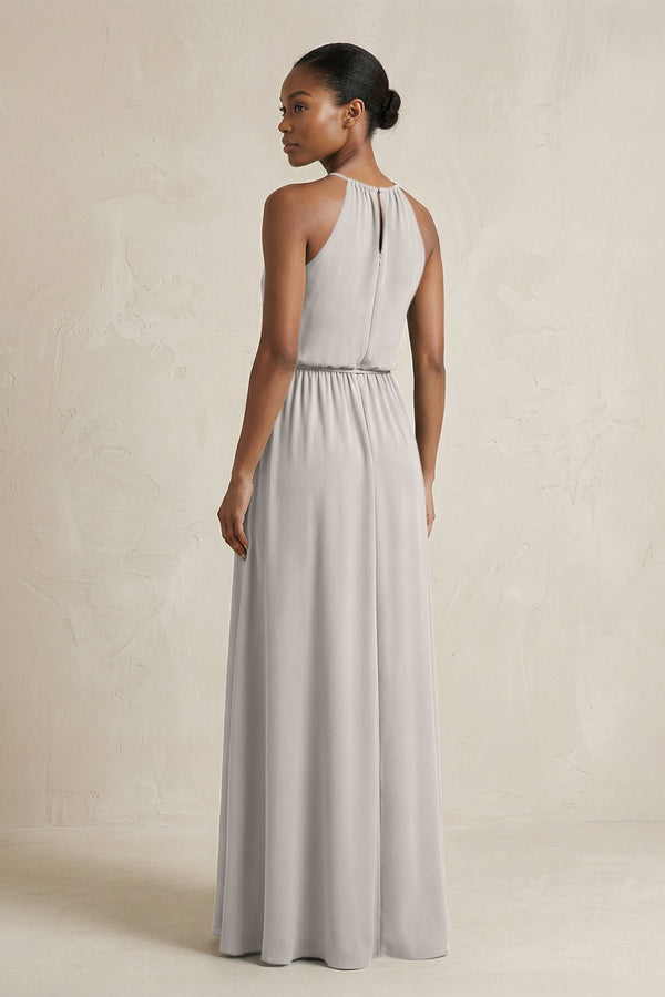 Halter Sheath Ruched Chiffon Bridesmaid Dress in Silver - SHE IS ME Bridesmaid Dresses