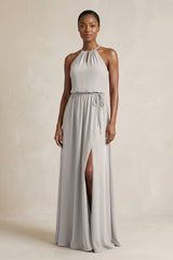Halter Sheath Ruched Chiffon Bridesmaid Dress in Silver - KISS BRIDAL Bridesmaid Dresses