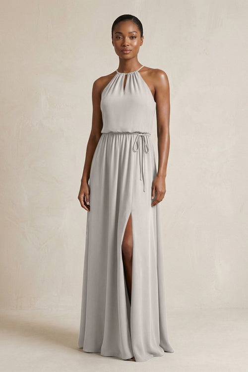 Halter Sheath Ruched Chiffon Bridesmaid Dress in Silver - SHE IS ME Bridesmaid Dresses