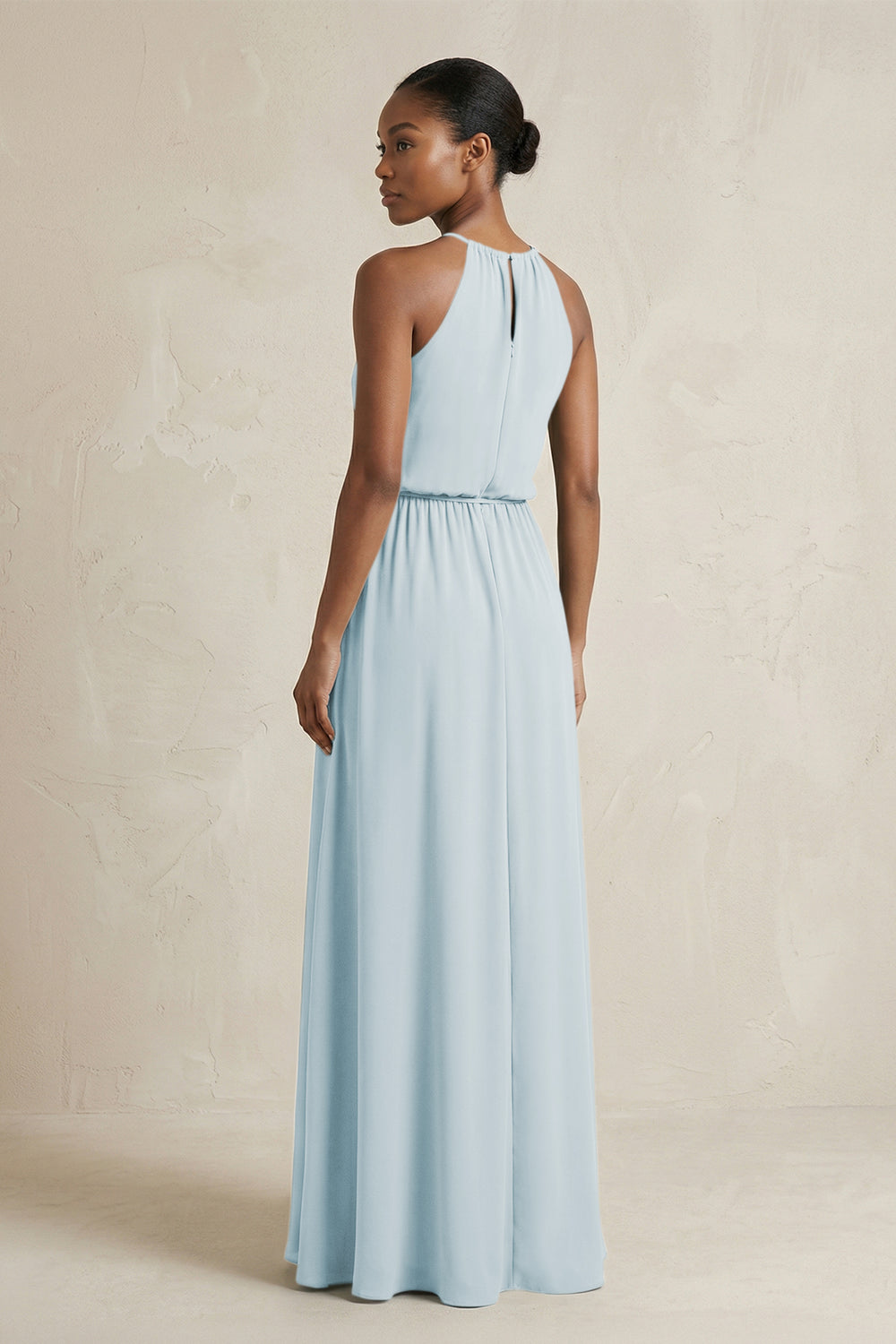 Halter Sheath Ruched Chiffon Bridesmaid Dress in Sky Blue