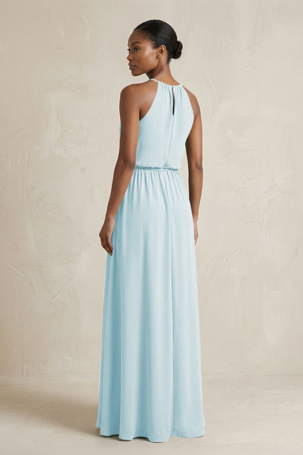 Halter Sheath Ruched Chiffon Bridesmaid Dress in Sky Blue - SHE IS ME Bridesmaid Dresses
