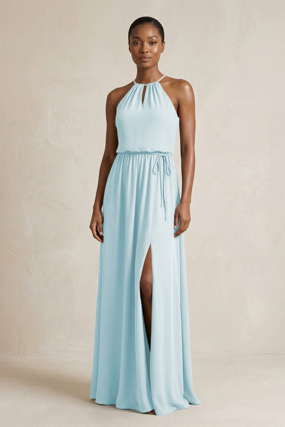 Halter Sheath Ruched Chiffon Bridesmaid Dress in Sky Blue - KISS BRIDAL Bridesmaid Dresses