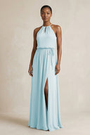 Halter Sheath Ruched Chiffon Bridesmaid Dress in Sky Blue - SHE IS ME Bridesmaid Dresses