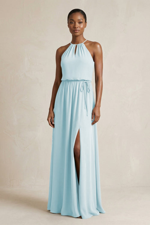 Halter Sheath Ruched Chiffon Bridesmaid Dress in Sky Blue - SHE IS ME Bridesmaid Dresses