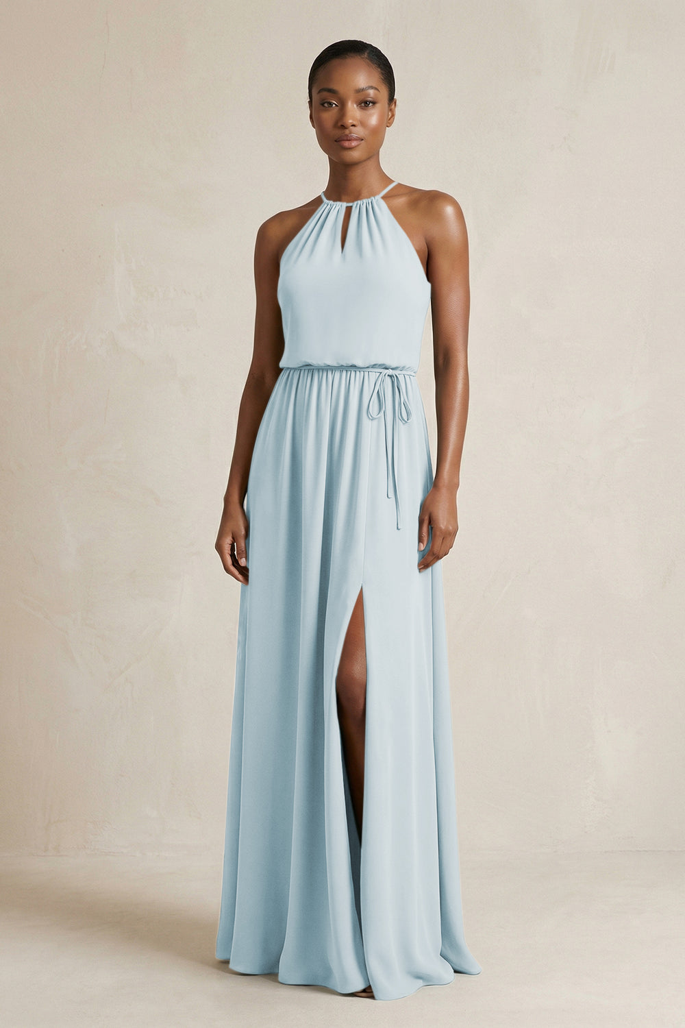 Halter Sheath Ruched Chiffon Bridesmaid Dress in Sky Blue