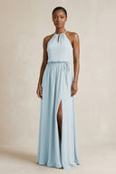 Halter Sheath Ruched Chiffon Bridesmaid Dress in Sky Blue | KISSBRIDAL