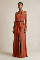 Halter Sheath Ruched Chiffon Bridesmaid Dress in Spice - KISS BRIDAL Bridesmaid Dresses