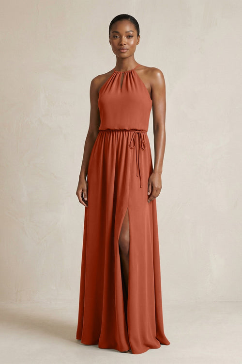 Halter Sheath Ruched Chiffon Bridesmaid Dress in Spice - SHE IS ME Bridesmaid Dresses