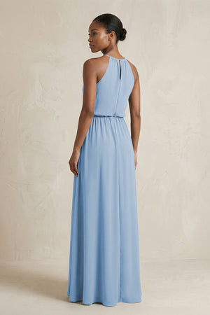 Halter Sheath Ruched Chiffon Bridesmaid Dress in Steel Blue (2) | KISSBRIDAL