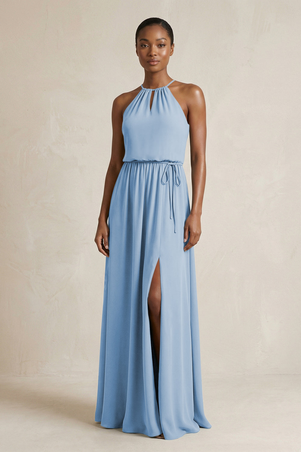 Halter Sheath Ruched Chiffon Bridesmaid Dress in Steel Blue