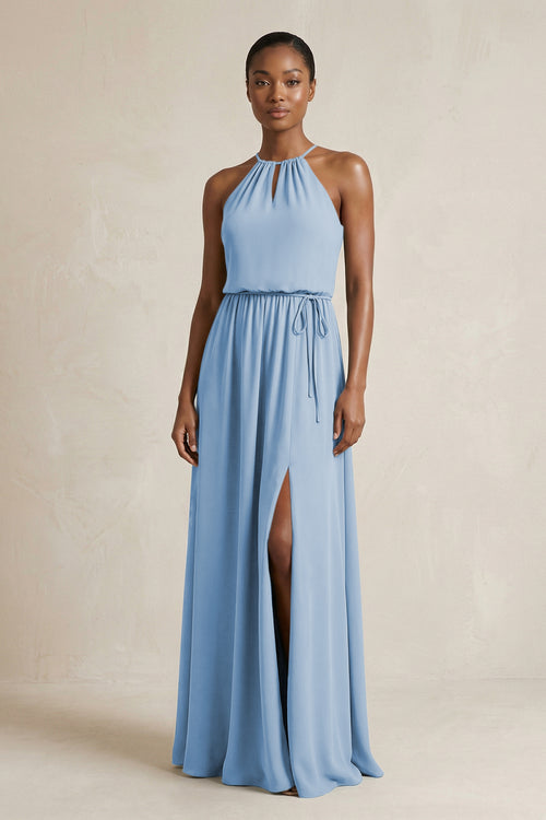 Halter Sheath Ruched Chiffon Bridesmaid Dress in Steel Blue | KISSBRIDAL
