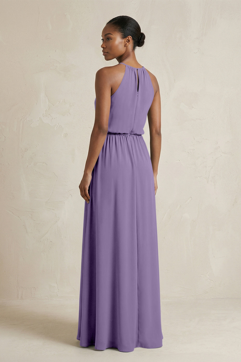 Halter Sheath Ruched Chiffon Bridesmaid Dress in Tahiti