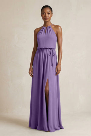 Halter Sheath Ruched Chiffon Bridesmaid Dress in Tahiti - SHE IS ME Bridesmaid Dresses