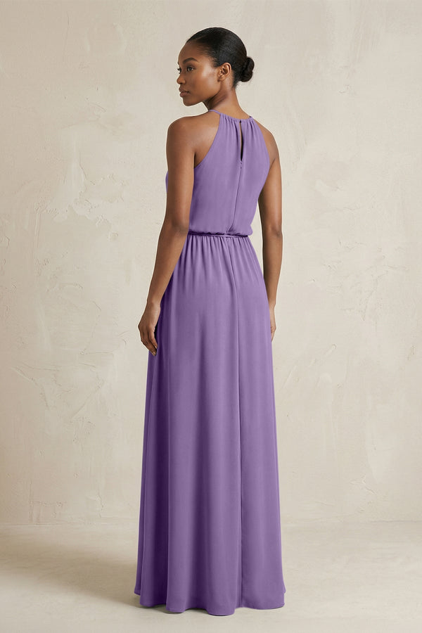Halter Sheath Ruched Chiffon Bridesmaid Dress in Tahiti - SHE IS ME Bridesmaid Dresses