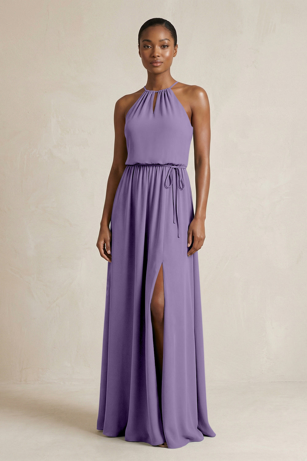 Halter Sheath Ruched Chiffon Bridesmaid Dress in Tahiti