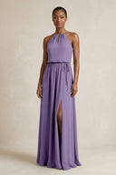Halter Sheath Ruched Chiffon Bridesmaid Dress in Tahiti | KISSBRIDAL