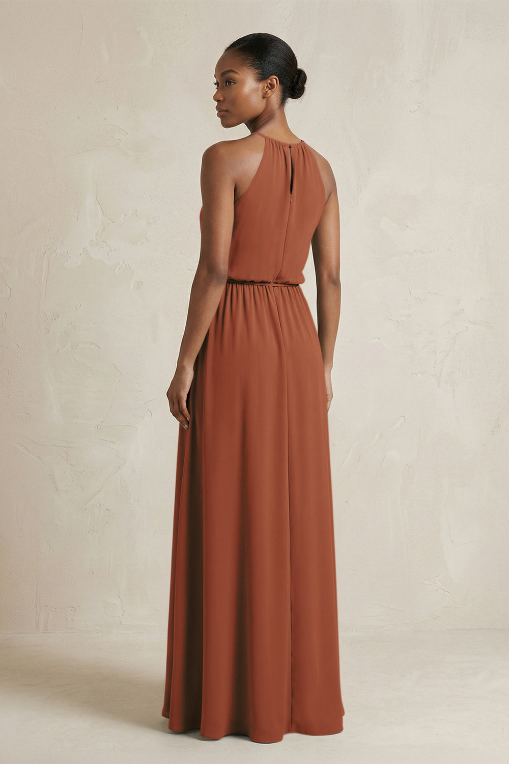Halter Sheath Ruched Chiffon Bridesmaid Dress in Terracotta