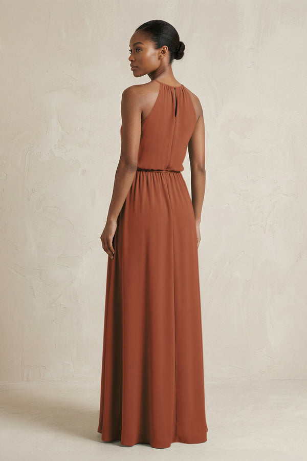 Halter Sheath Ruched Chiffon Bridesmaid Dress in Terracotta (2) | KISSBRIDAL