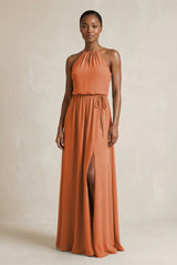 Halter Sheath Ruched Chiffon Bridesmaid Dress in Terracotta - KISS BRIDAL Bridesmaid Dresses