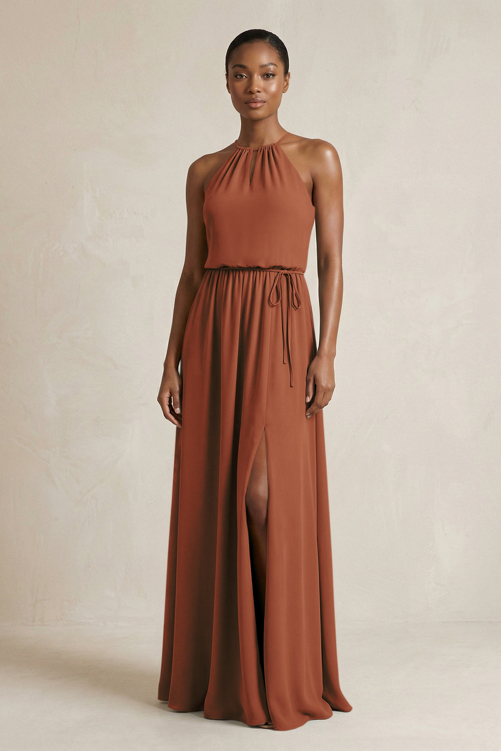 Halter Sheath Ruched Chiffon Bridesmaid Dress in Terracotta