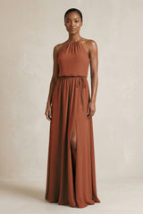 Halter Sheath Ruched Chiffon Bridesmaid Dress in Terracotta | KISSBRIDAL