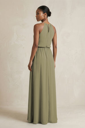 Halter Sheath Ruched Chiffon Bridesmaid Dress in Thyme (2) | KISSBRIDAL