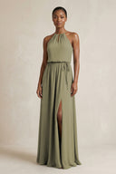 Halter Sheath Ruched Chiffon Bridesmaid Dress in Thyme | KISSBRIDAL