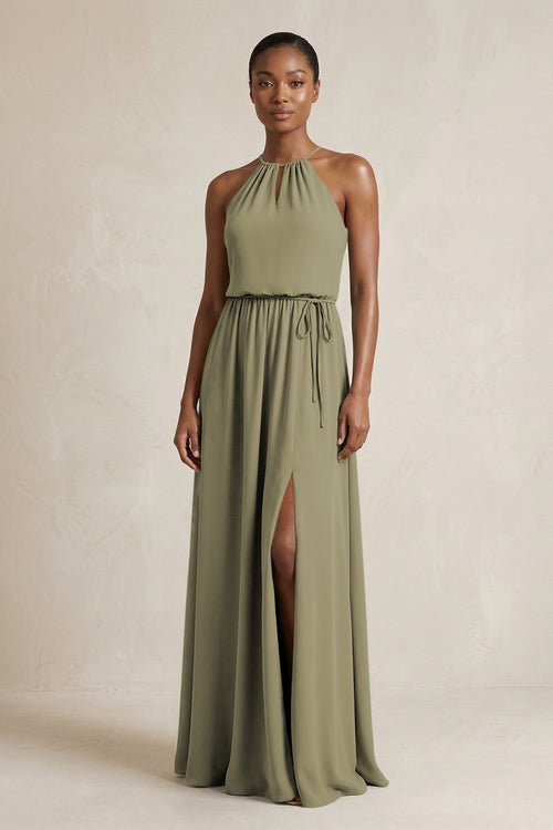 Halter Sheath Ruched Chiffon Bridesmaid Dress in Thyme | KISSBRIDAL