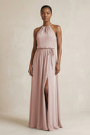 Halter Sheath Ruched Chiffon Bridesmaid Dress in Toffee - SHE IS ME Bridesmaid Dresses