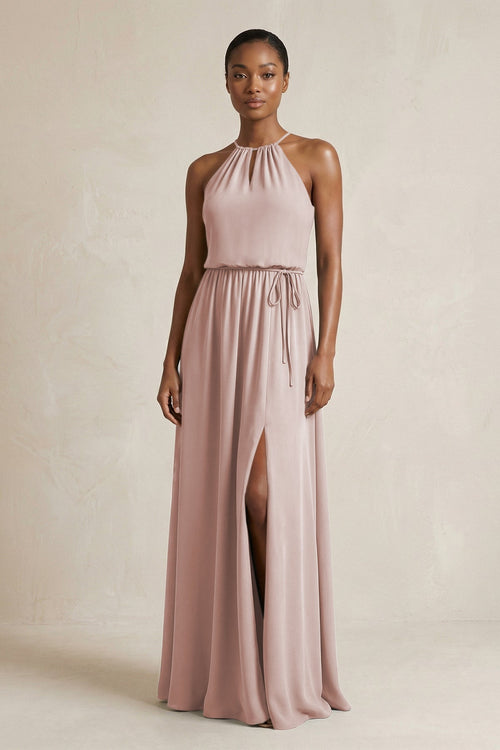 Halter Sheath Ruched Chiffon Bridesmaid Dress in Toffee - SHE IS ME Bridesmaid Dresses