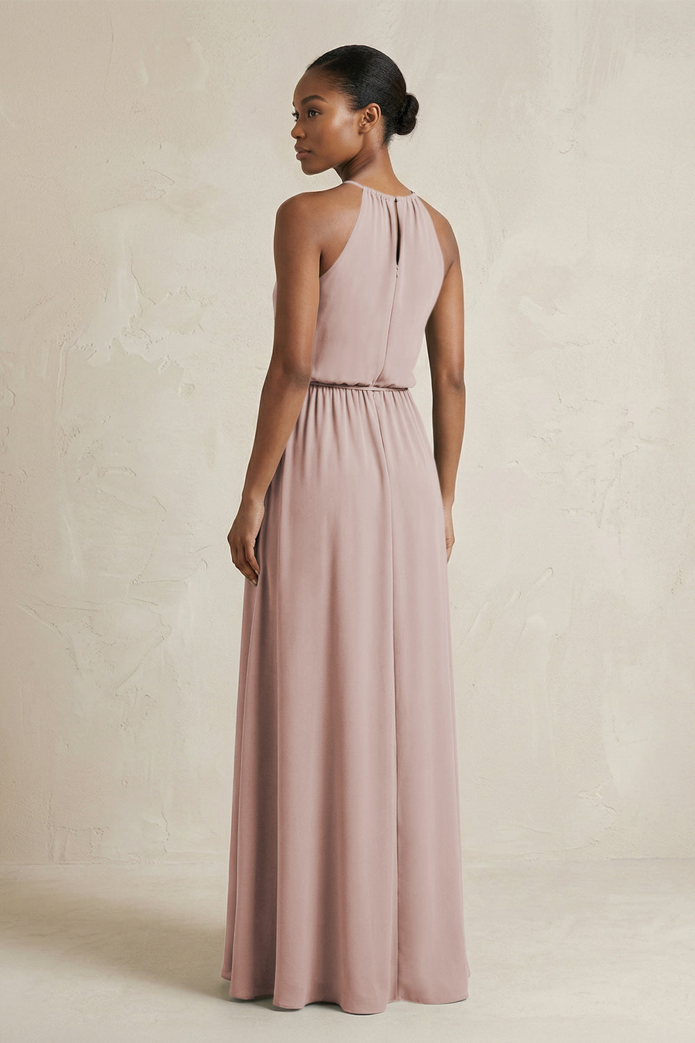 Halter Sheath Ruched Chiffon Bridesmaid Dress in Toffee