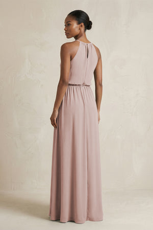 Halter Sheath Ruched Chiffon Bridesmaid Dress in Toffee (2) | KISSBRIDAL