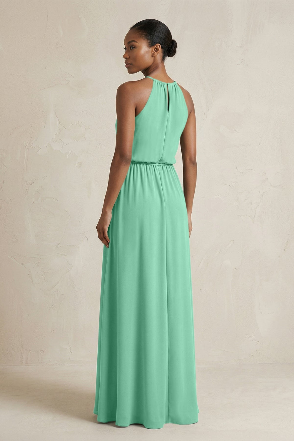 Halter Sheath Ruched Chiffon Bridesmaid Dress in Turquoise - KISS BRIDAL Bridesmaid Dresses
