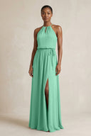 Halter Sheath Ruched Chiffon Bridesmaid Dress in Turquoise - SHE IS ME Bridesmaid Dresses