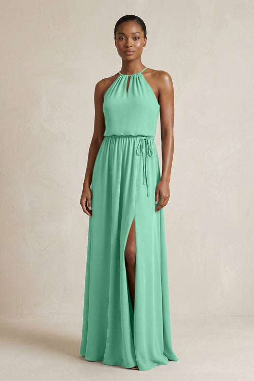 Halter Sheath Ruched Chiffon Bridesmaid Dress in Turquoise - SHE IS ME Bridesmaid Dresses