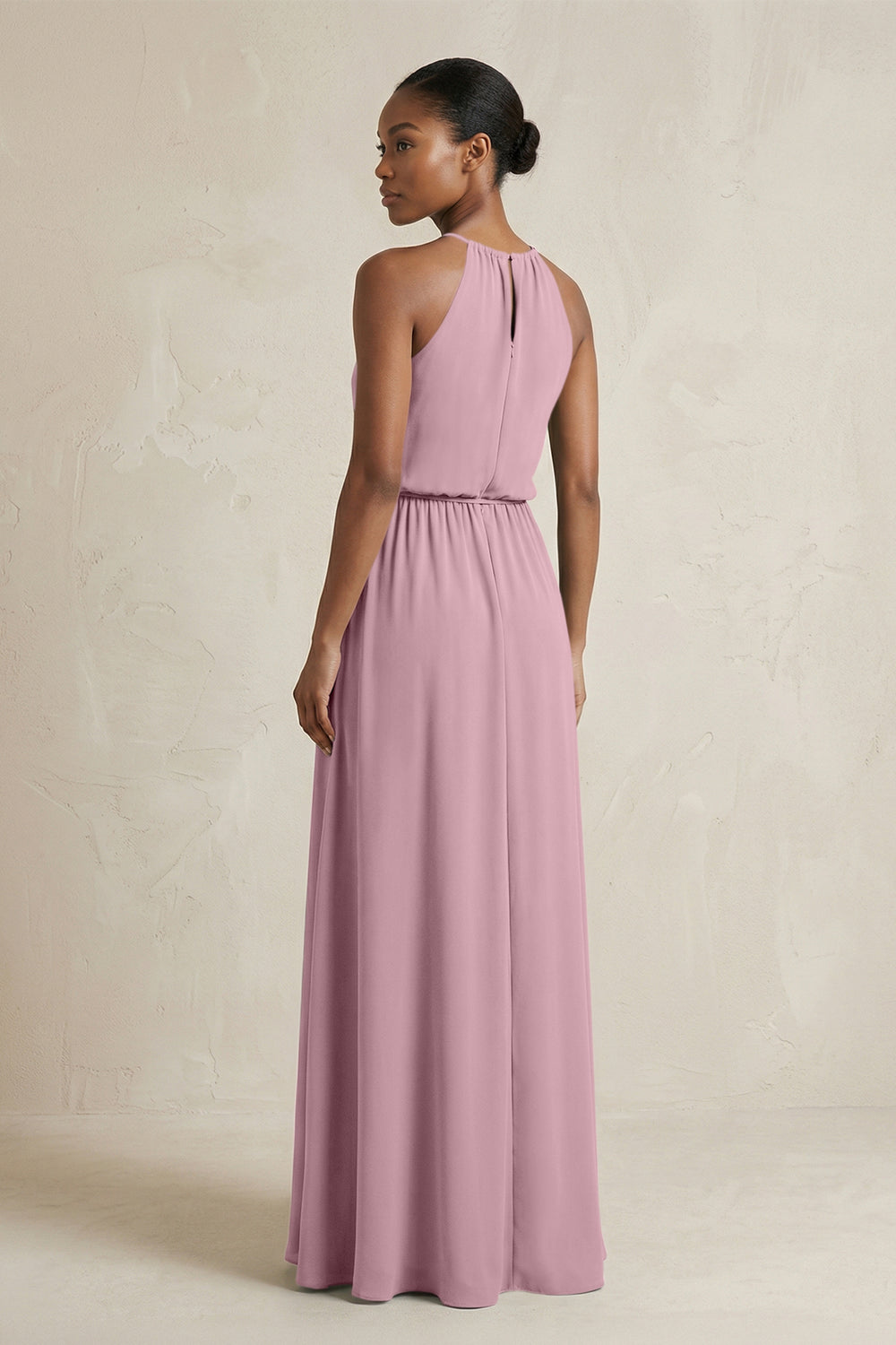Halter Sheath Ruched Chiffon Bridesmaid Dress in Vintage Mauve