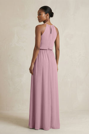 Halter Sheath Ruched Chiffon Bridesmaid Dress in Vintage Mauve (2) | KISSBRIDAL