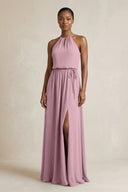 Halter Sheath Ruched Chiffon Bridesmaid Dress in Vintage Mauve | KISSBRIDAL