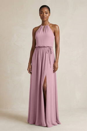 Halter Sheath Ruched Chiffon Bridesmaid Dress in Vintage Mauve | KISSBRIDAL