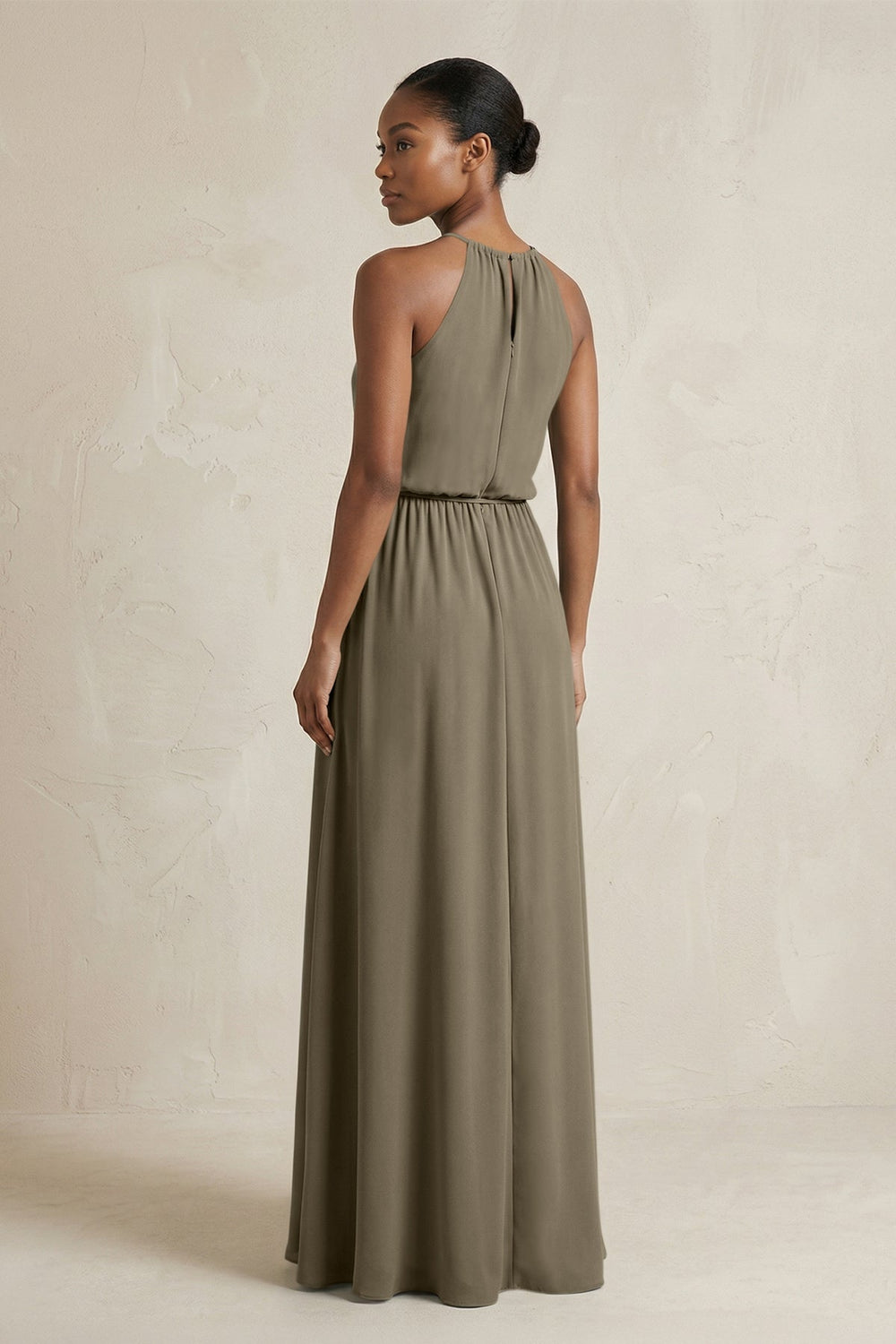 Halter Sheath Ruched Chiffon Bridesmaid Dress in Willow Green - KISS BRIDAL Bridesmaid Dresses
