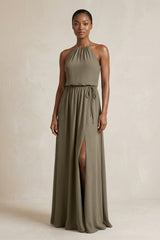 Halter Sheath Ruched Chiffon Bridesmaid Dress in Willow Green - KISS BRIDAL Bridesmaid Dresses