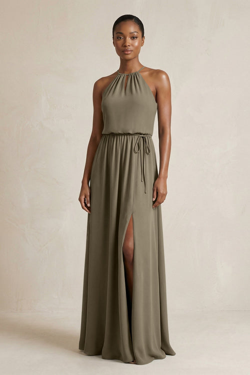 Halter Sheath Ruched Chiffon Bridesmaid Dress in Willow Green - SHE IS ME Bridesmaid Dresses