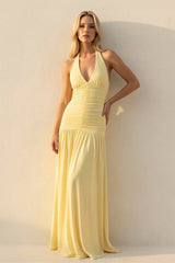 Halter Sheath Ruched Maxi Dress in Yellow - KISS BRIDAL Prom Dresses