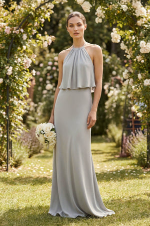 Halter Sheath Ruffled Chiffon Bridesmaid Dress - SHE IS ME Bridesmaid Dresses
