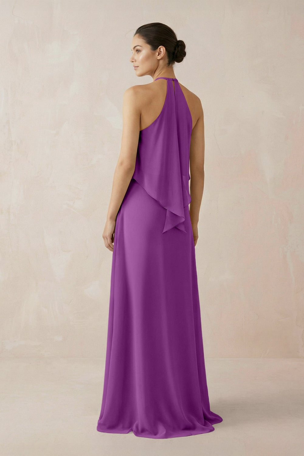 Halter Sheath Ruffled Chiffon Bridesmaid Dress in Amethyst - SHE IS ME Bridesmaid Dresses