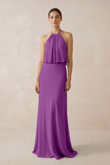 Halter Sheath Ruffled Chiffon Bridesmaid Dress in Amethyst - KISS BRIDAL Bridesmaid Dresses