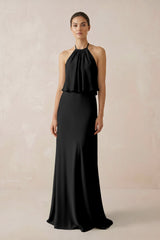 Halter Sheath Ruffled Chiffon Bridesmaid Dress in Black - KISS BRIDAL Bridesmaid Dresses